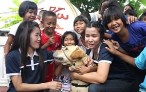 Hawn and Booster have traveled all over the world to teach others about the healing power of dogs. Hawn said Booster has fostered international relations by serving as a “social bridge” in Cuba and comforting children with HIV in Thailand, where this photo was taken.