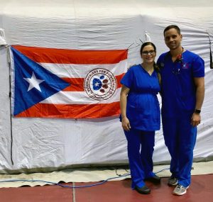 Aida Vientós-Plotts, DVM, and Willie Bidot, DVM, rock the colors of their birthplace, Puerto Rico. The former VHC residents formed a nonprofit to support the island after Hurricane Maria.